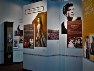 Marilyn Horne timeline exhibit. Wall with timeline of Marilyn Hornes career