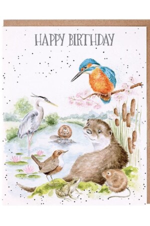 ‘Happy Birthday’ card with otters and birds. ‘Happy Birthday’ card with otters and birds.